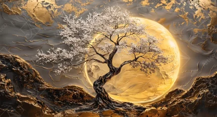 Blossoming tree with white flowers against glowing golden moon