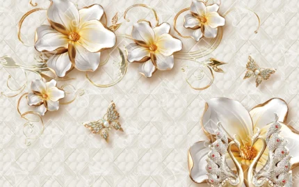 Elegant white and gold flowers with butterflies and swans