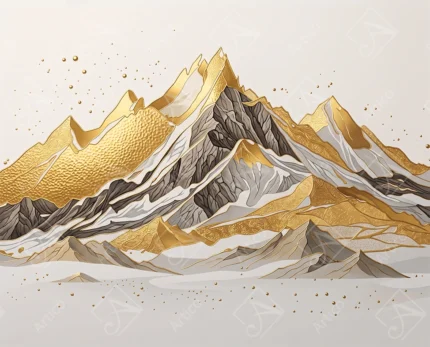 Abstract mountain landscape with golden and grey textured peaks