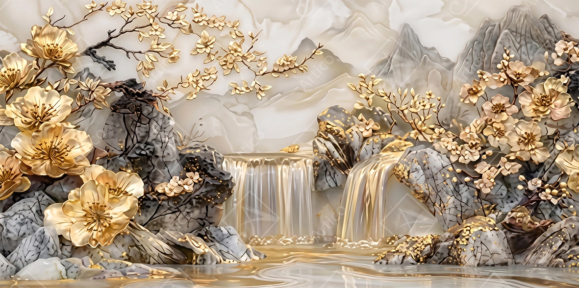Articoo - Golden floral landscape with cascading waterfalls and rocky mountains - 996584