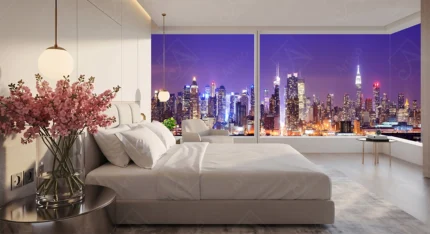 Modern bedroom interior with large city skyline view window