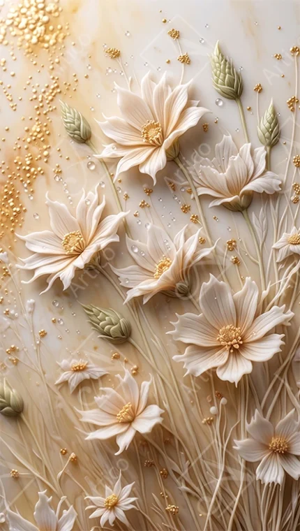 Cream colored delicate flowers with golden sparkles and buds