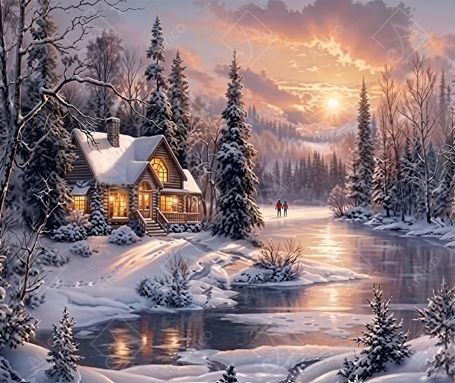 Artico-1082 Cozy cabin by snowy river during winter sunset landscape