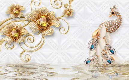 Jeweled peacock and golden crystal flowers with swirling patterns
