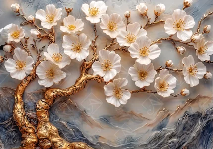 Golden branches with white blossoms over textured abstract landscape