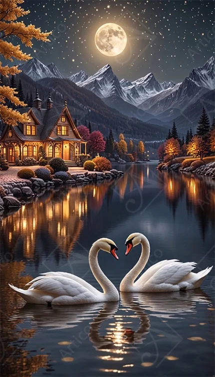 Two white swans swimming in lake under moonlight landscape