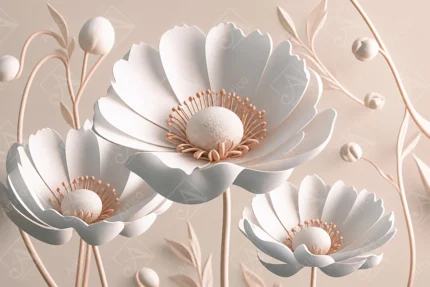 Minimalist white paper flowers with beige stems and buds