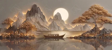 Traditional boat on calm lake between mountains and bonsai trees