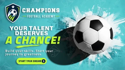Football academy banner design with soccer ball and english text