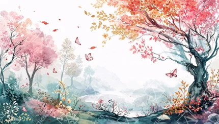 Watercolor Painting of a Misty Forest Landscape with Pink and Orange Trees