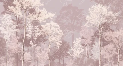 Minimalist Pink Forest Wallpaper Featuring Silhouettes of Tall Trees