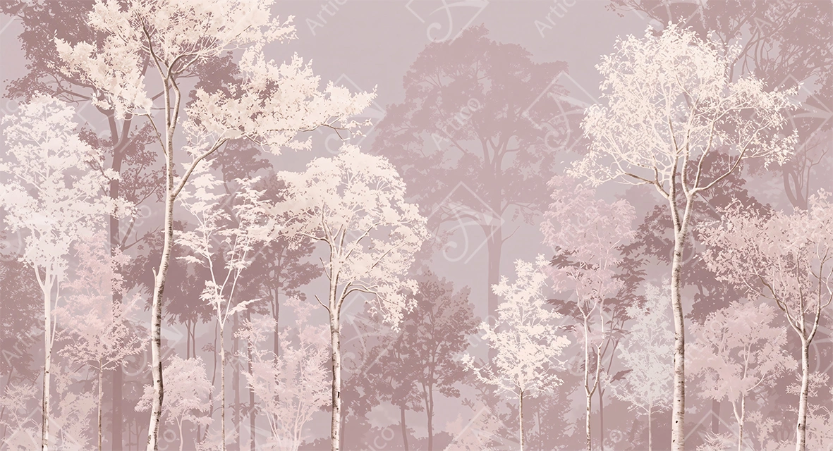Artico-1093 Minimalist Pink Forest Wallpaper Featuring Silhouettes of Tall Trees