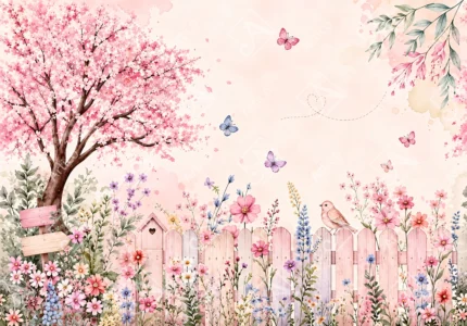 Cute Spring Garden Illustration with Pink Blossoms and Butterflies