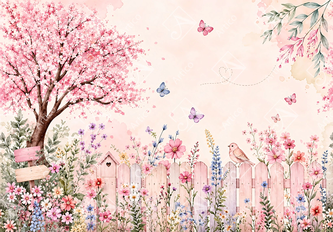 Artico-1094 Cute Spring Garden Illustration with Pink Blossoms and Butterflies