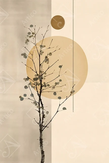 Minimalist Abstract Art Featuring a Branch and Geometric Circles