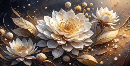 Elegantly Detailed White Lotus Flowers with Gold Accents and Pearls