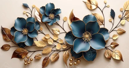 Blue Floral Art with Metallic Gold Leaves and Branches