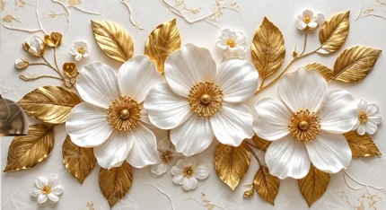 White and Gold Floral Art with Relief Leaves and Blossoms