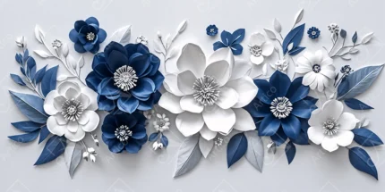 Blue and White Floral Art with Leaves and Blossoms