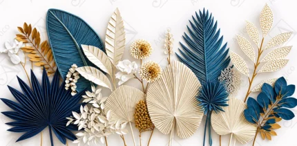 Blue and Beige Palm Fronds and Tropical Leaves Art