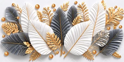 White, Black, and Gold Tropical Leaves and Golden Spheres