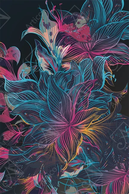Colorful hand drawn floral artwork with vibrant exotic petals on dark background