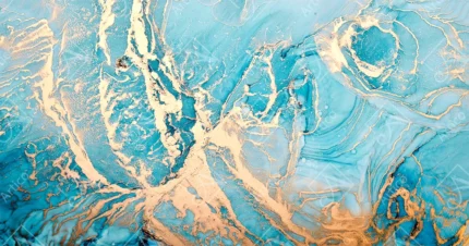 Abstract alcohol ink texture with turquoise blue waves and golden veins