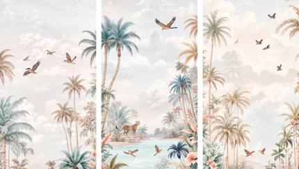 Tropical jungle landscape with palm trees leopard and flying birds illustrations