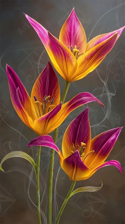 Three vibrant yellow and purple tulip flowers on dark moody background