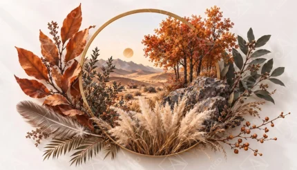 Circular desert landscape illustration framed with dried autumn leaves and pampas grass