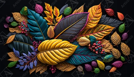 Vibrant colorful tropical leaves composition on dark background with detailed textures