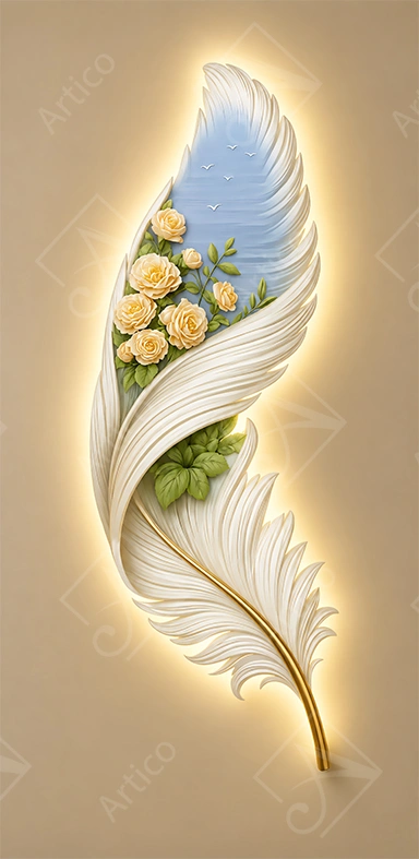 Glowing white feather artwork with yellow roses sky and flying birds