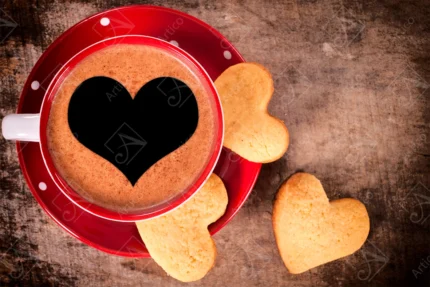 Red coffee cup with heart froth art beside heart shaped cookies
