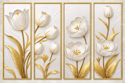 Modern embossed white tulips artwork with gold leaves in frame set