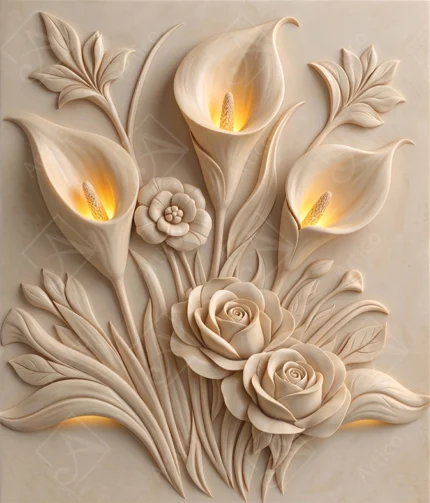 3D carved calla lilies and roses bouquet with soft golden glow