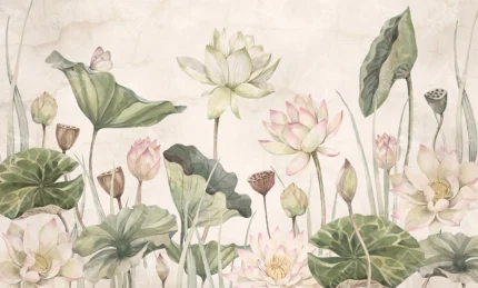 Watercolor lotus flowers and green leaves on vintage textured background