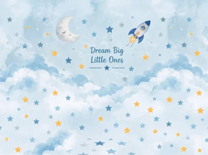 Cute watercolor sky background with moon rocket stars and motivational quote
