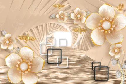 Modern 3D abstract tunnel with pearl flowers golden birds and squares