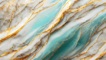 Abstract marble texture with turquoise blue waves and shiny golden veins