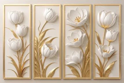3D embossed white tulip flowers with golden stems in frame set