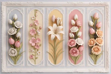 3D pastel flower collection with roses lilies in elegant framed panels