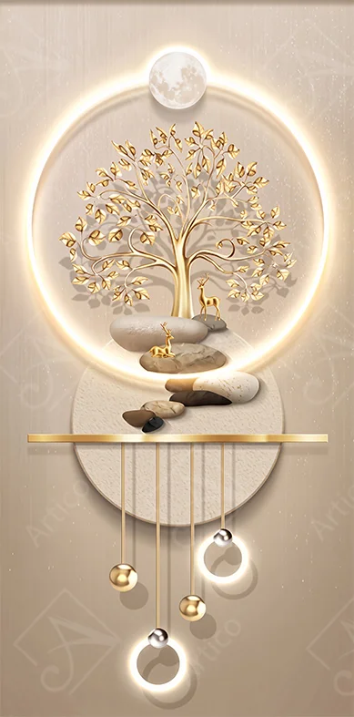 3D golden tree artwork with deer full moon and glowing pendants