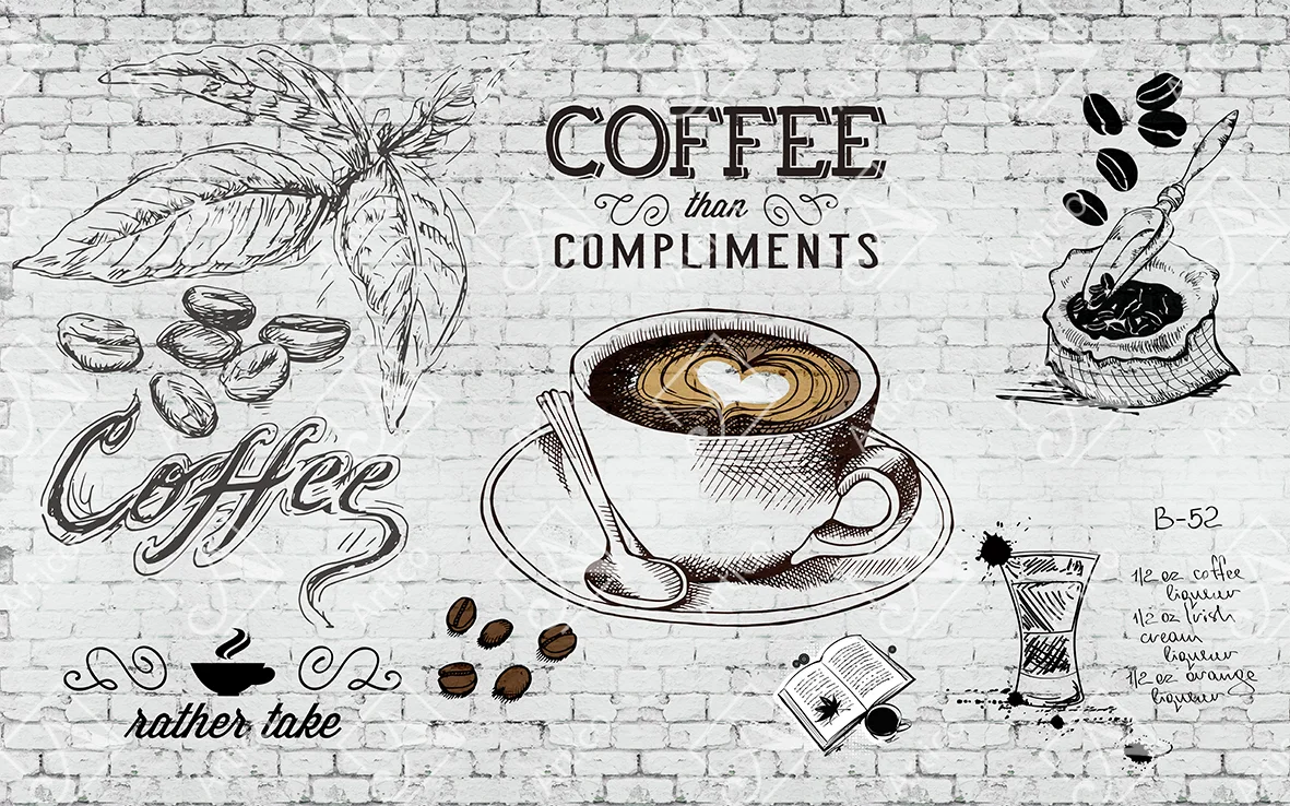 Artico-1134 Vintage hand drawn coffee shop theme background with brick wall textures