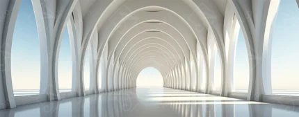 Modern white architectural arch corridor perspective illustration with bright natural lighting