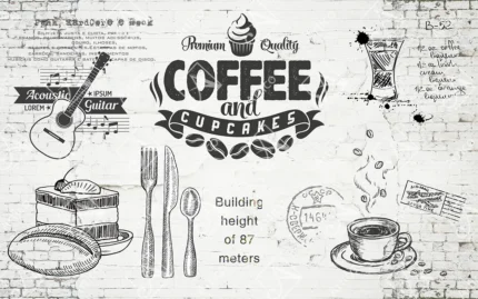 Vintage coffee and cupcakes cafe background with guitar and dessert sketches