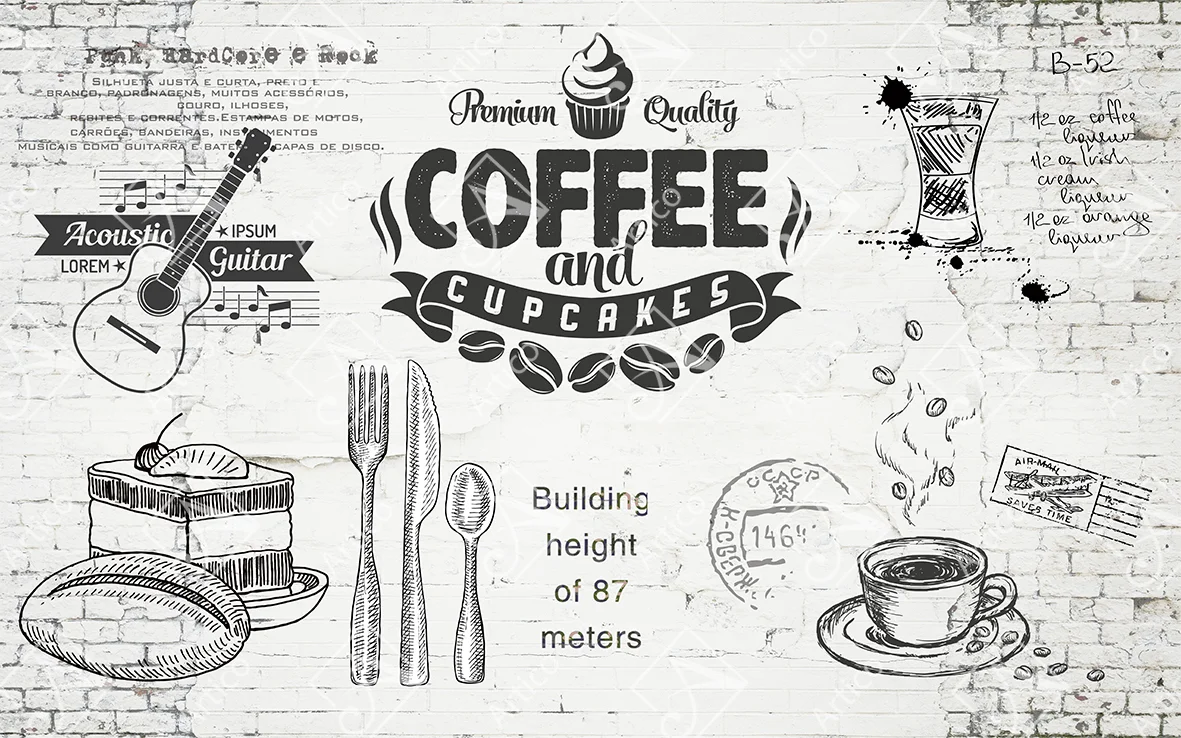 Artico-1136 Vintage coffee and cupcakes cafe background with guitar and dessert sketches