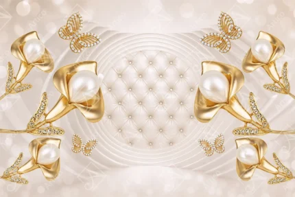 3D golden calla lilies with pearls and butterflies on tufted background