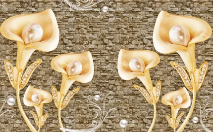 3D golden calla lilies with pearls on brown stone wall background