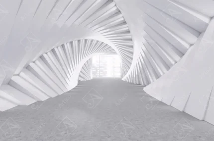 Futuristic white spiral architectural tunnel perspective background illustration with modern lighting