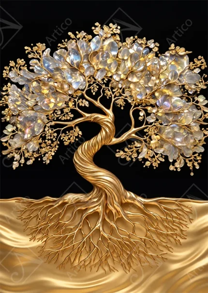 Golden bonsai tree with glowing crystal leaves on dark background illustration